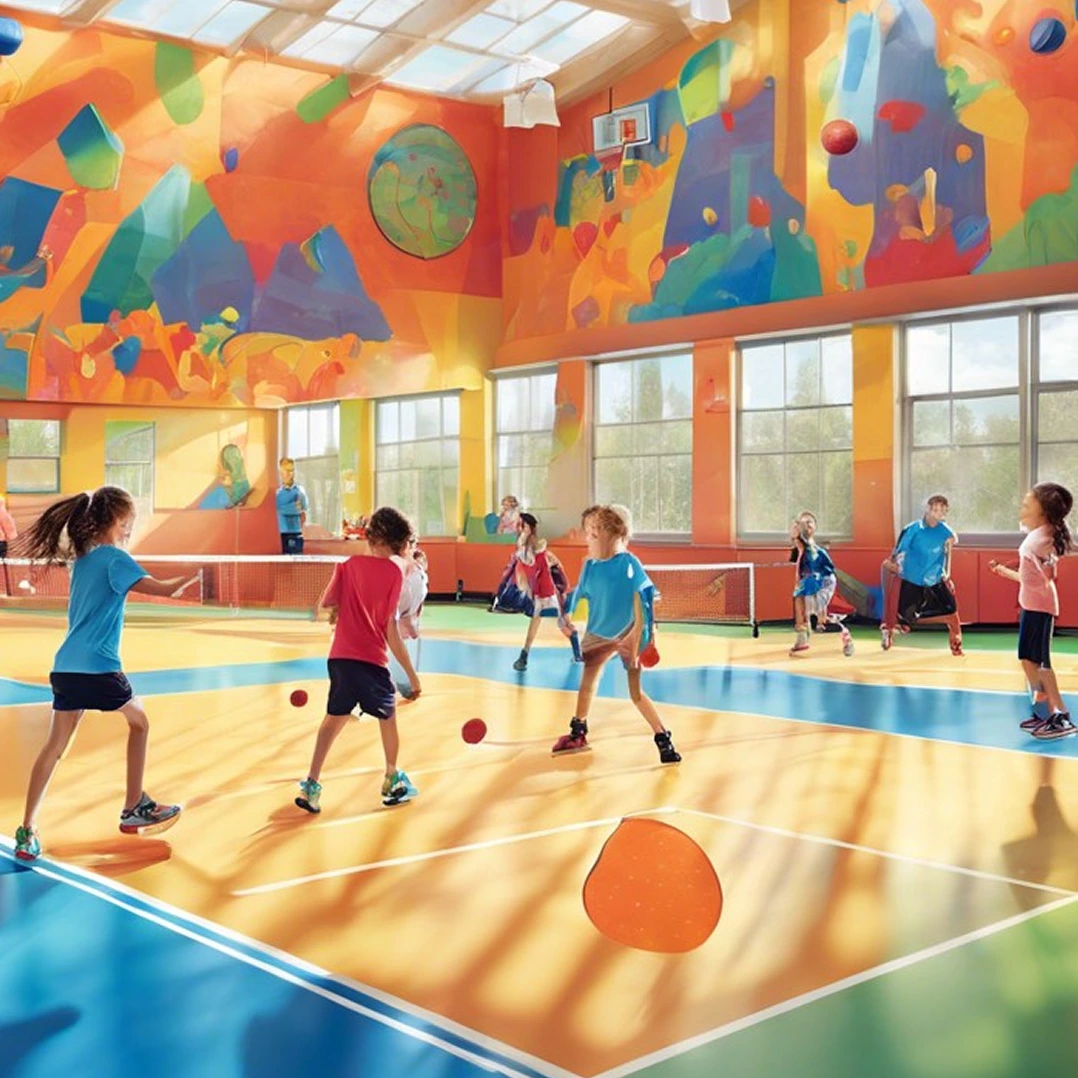 Indoor sports court with climbing walls